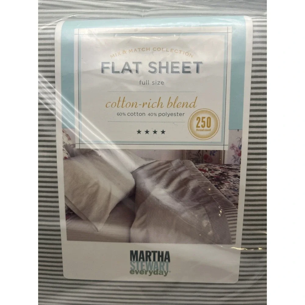 Martha Stewart Everyday Full Flat Sheet, Green Strip, 250 Thread count X2 1 NWT